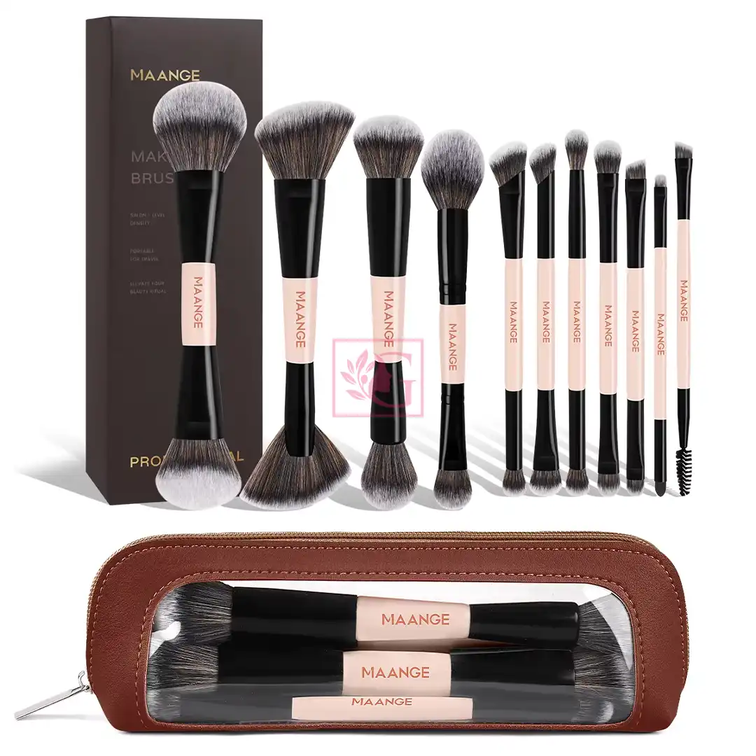 MAANGE 10pcs Dual-Ended Professional Makeup Brush Set with Storage Pouch – Cream & Black