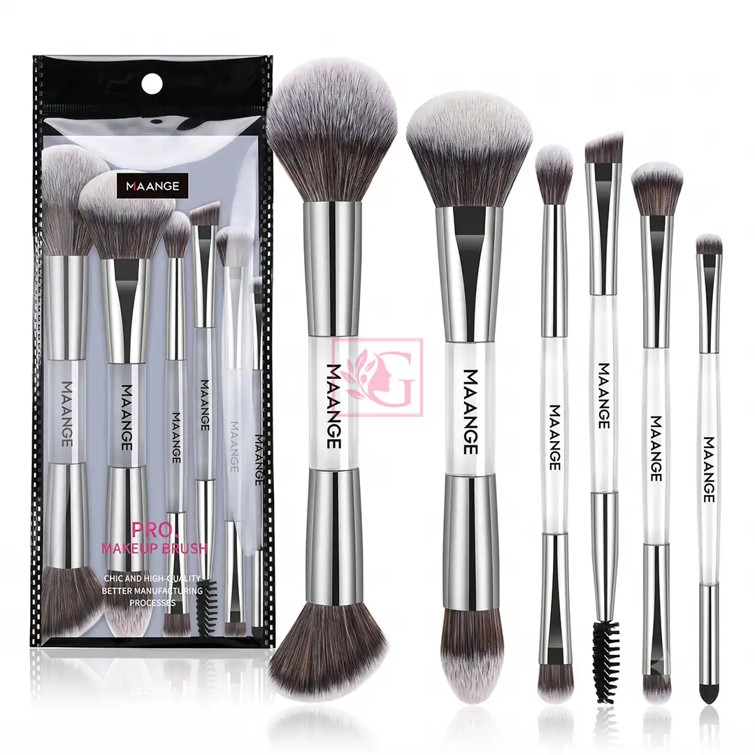 MAANGE 6pcs Double-Ended Professional Makeup Brush Set – White & Silver